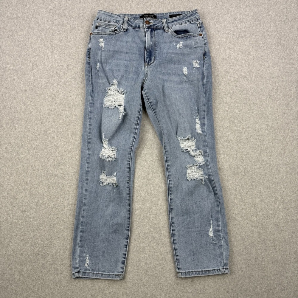 Judy Blue Jeans Womens 11/30 Light Wash Boyfriend Fit Stretch Distressed Denim